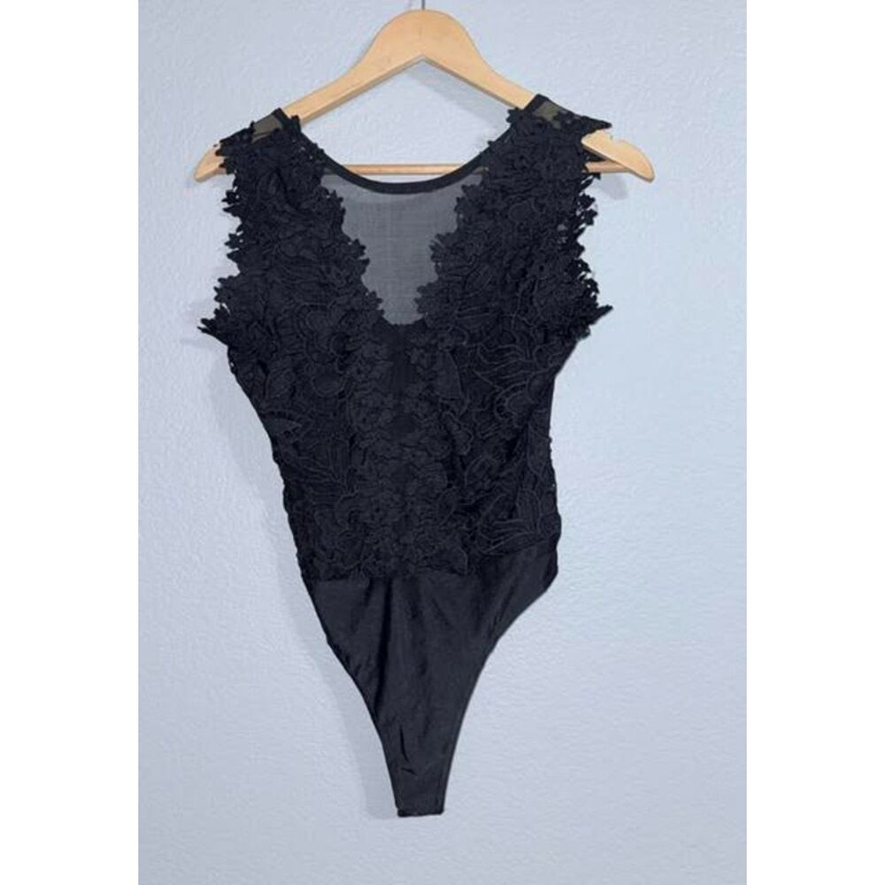 New Black Lace Mesh Bodysuit Snap Crotch Dark Femme Old Hollywood Night Out